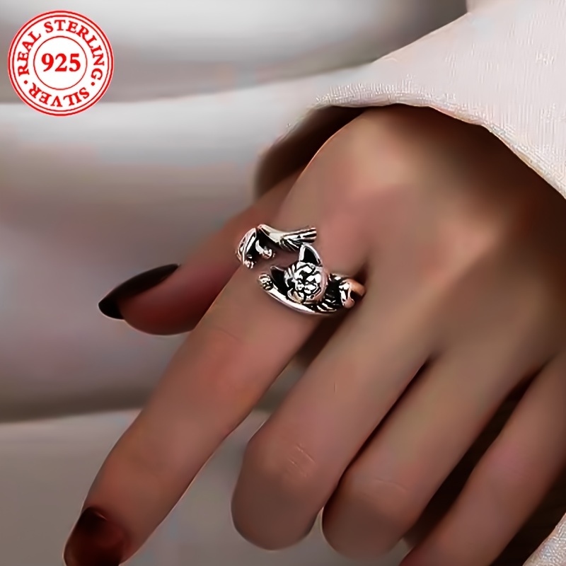 

925 Sterling Silver Retro Cat Women's Elegance Open Ring Silver Color Kitten Finger Ring