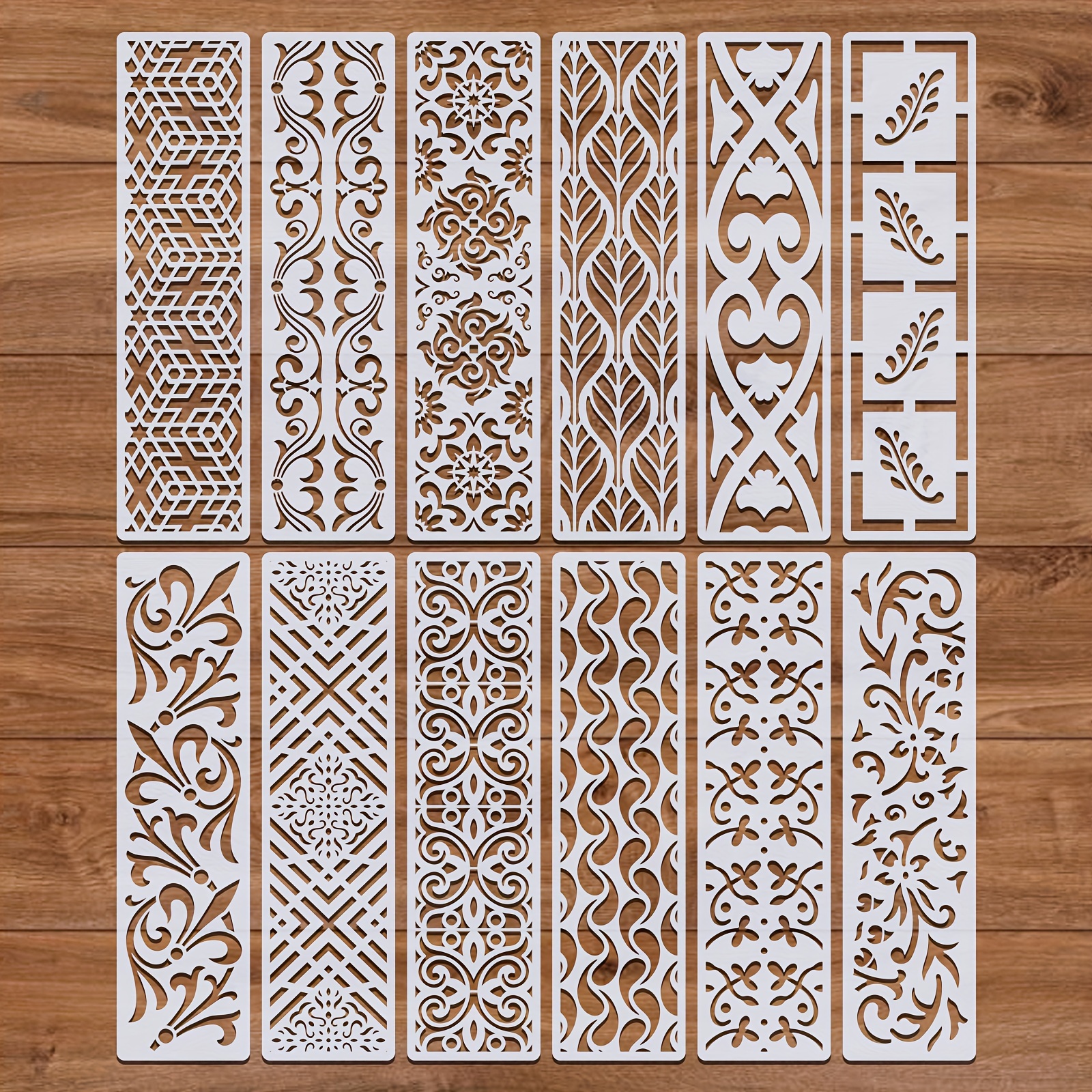 

12-piece Geometric & Floral Border Stencils Set, Reusable Craft Stencils For Diy Painting On Wood, Canvas, Paper, And Fabric, Decorative Drawing Templates For Home Decor & Art Projects – Creamy White