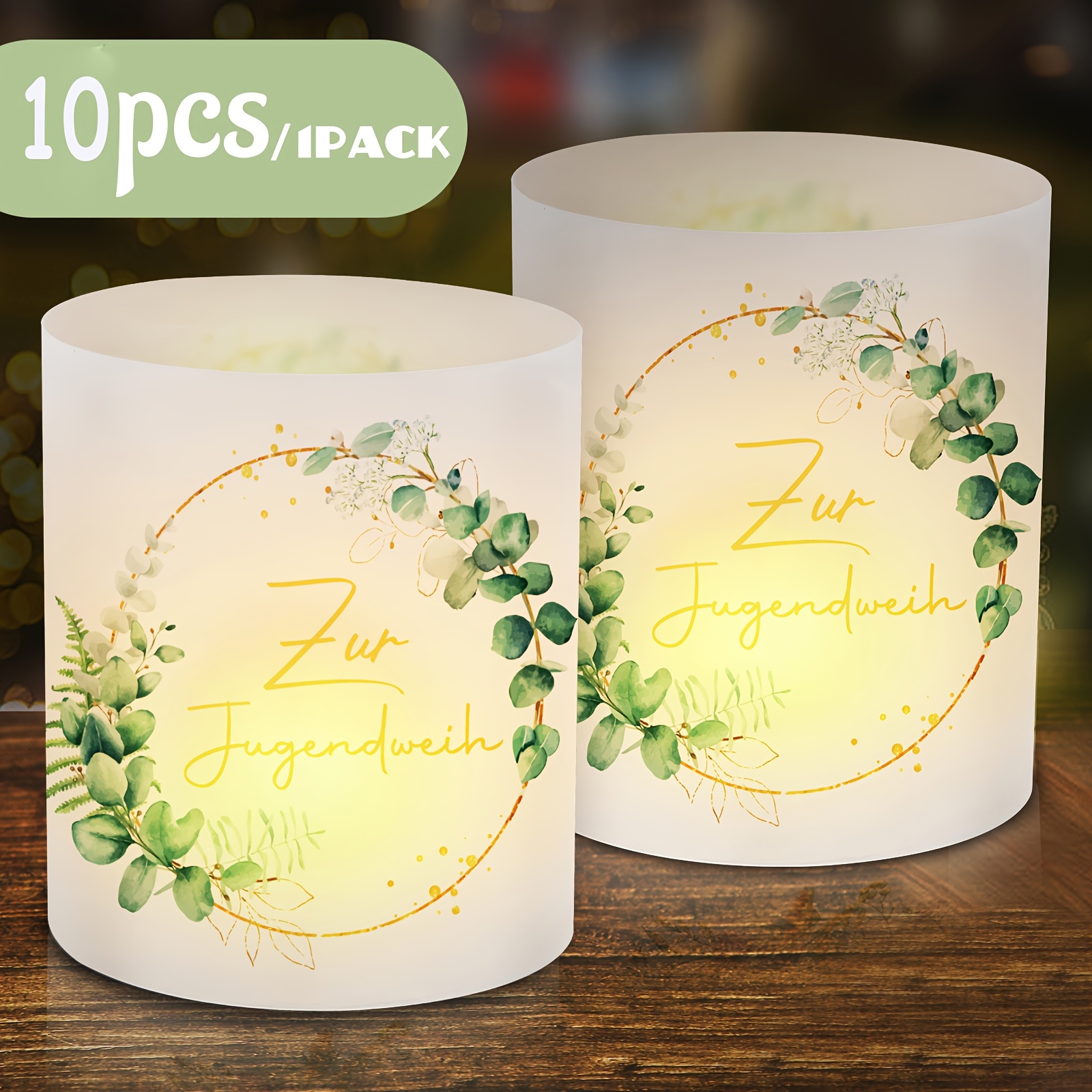 Image of 10pcs Youth Tea Lampshade Table Decoration With "alles Gute Zum Jugendweihe" Message Eucalyptus Flower Wreath Design Size 27x10cm Suitable For Ceremony Table Decoration&guest Gifts Best