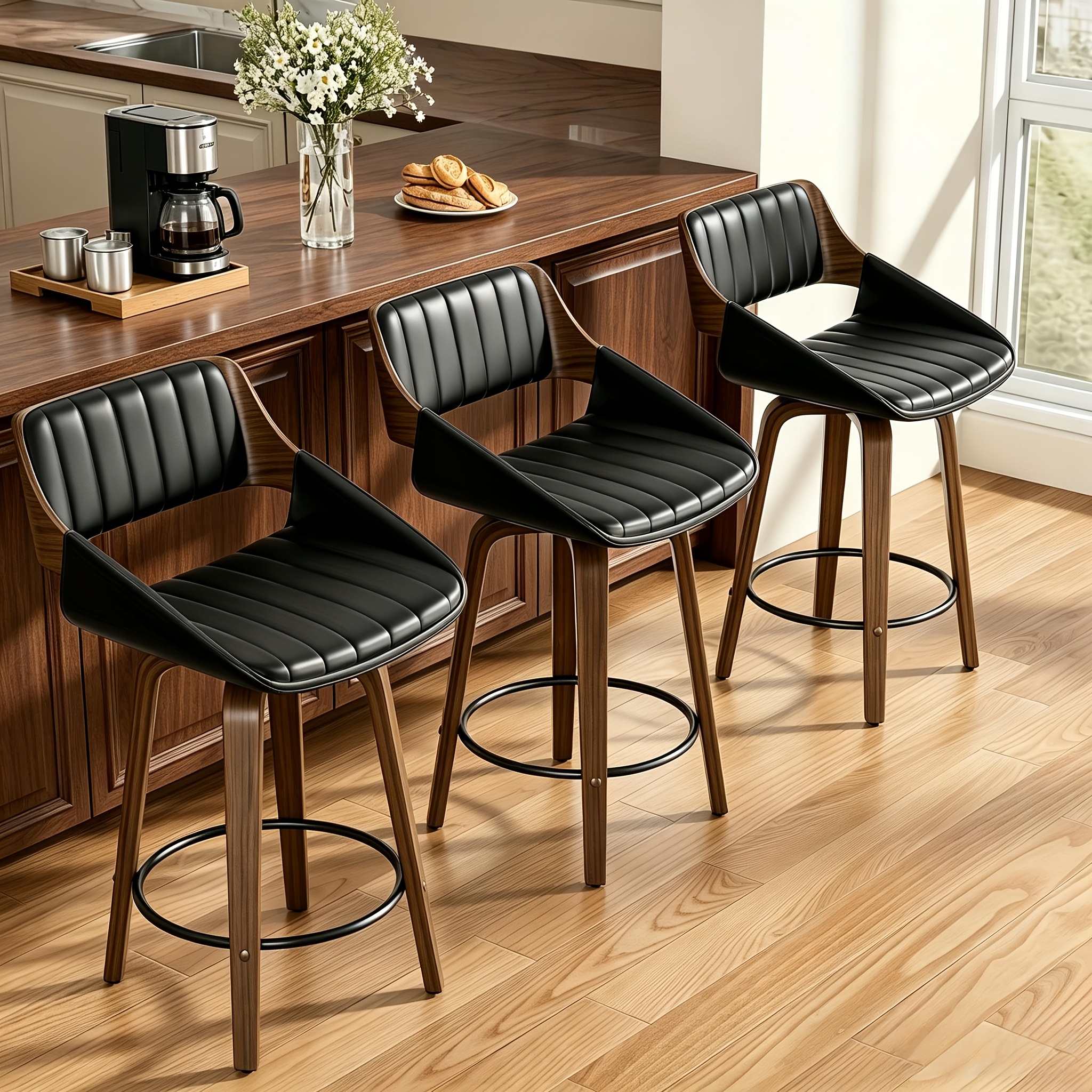 1 2 3 4pcs luxury faux leather bar stools premium padded swivel bar chairs with 360 rotation curved   legs and solid rubberwood frame high end modern bar stools suitable for kitchen islands and dining rooms