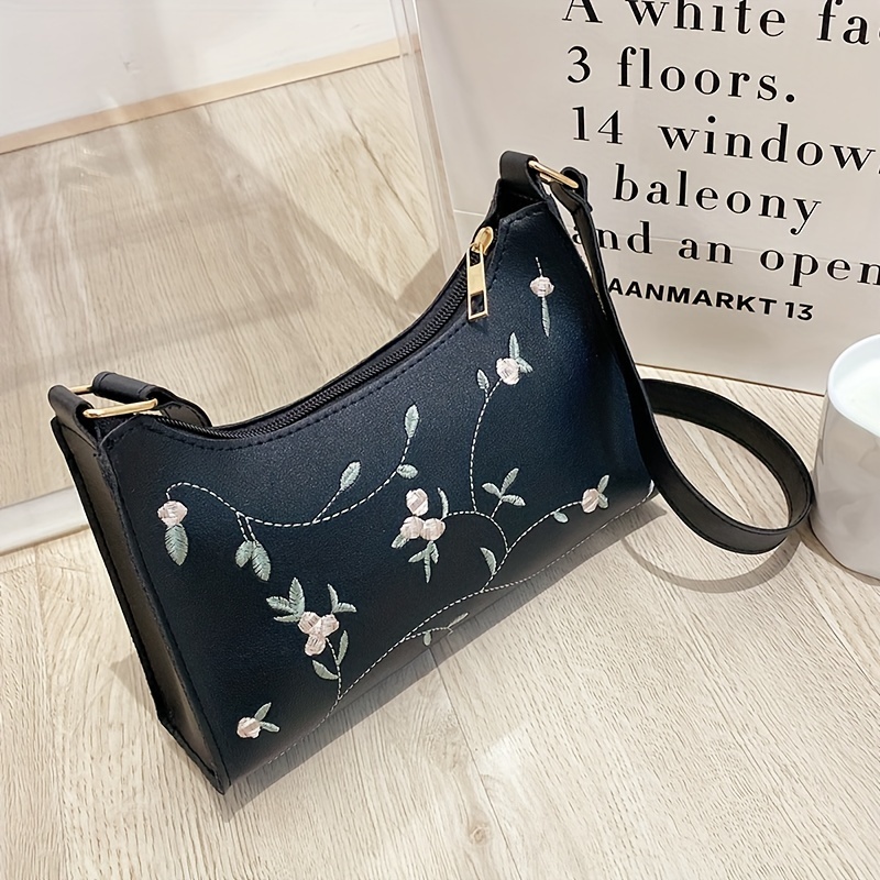 TEMU Floral Embroidery Shoulder Bag For Women - Leather Crossbody With Zipper Closure, Hand Washable, Polyurethane Lined, Fashionable