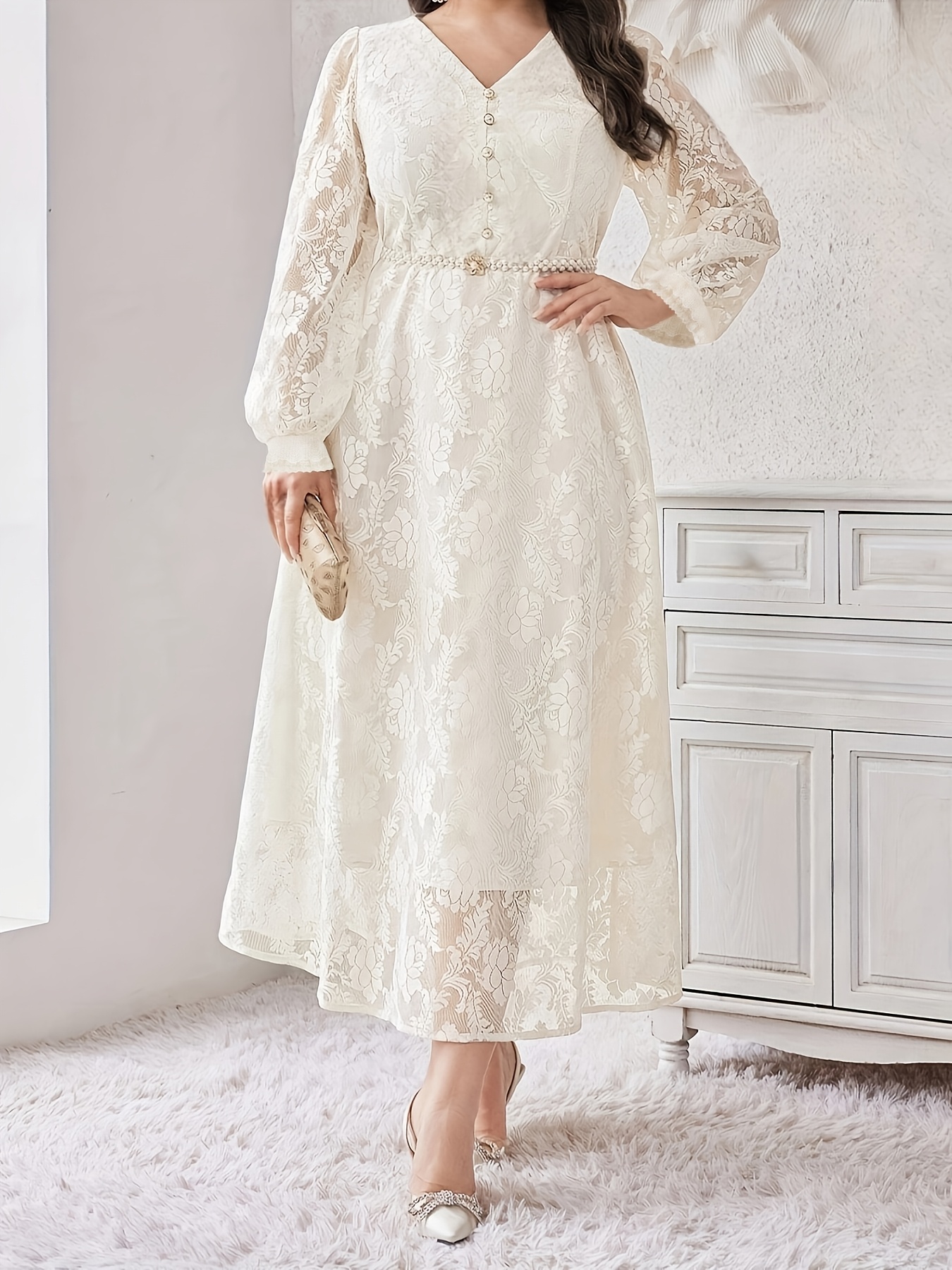 plus size plus size elegant v neck midi tunic dress solid - Temu