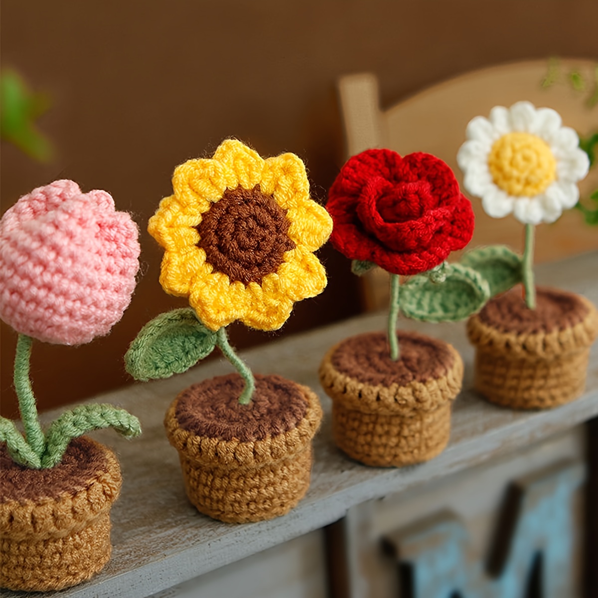 

Handmade Crochet Sunflower & Rose Artificial Potted Plants - Vibrant Pink, Yellow, And Decor With Brown Pot, Mother’s Day, Anniversaries, Birthdays, Valentine’s Gifts, Desk Decoration, Crochet Flowers