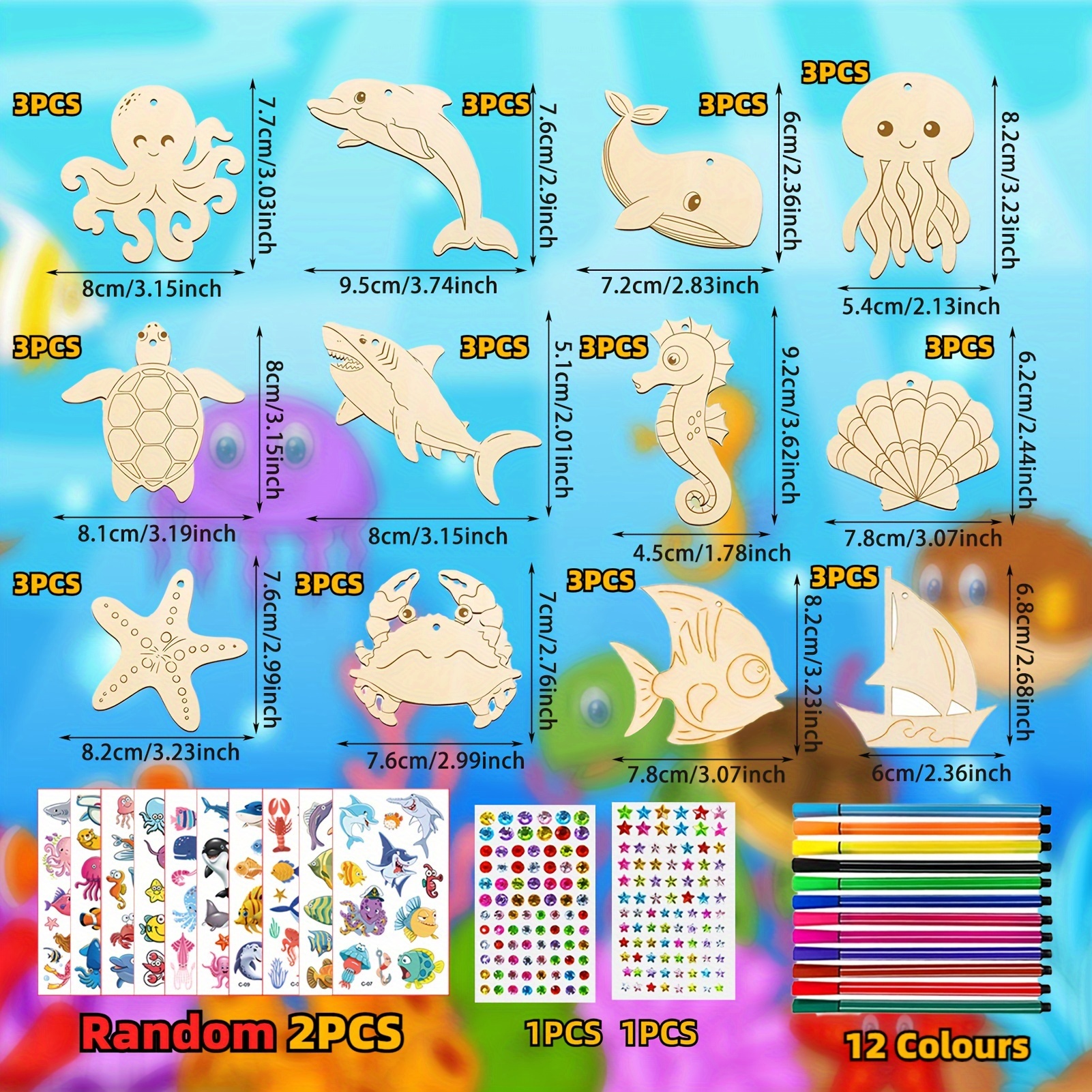 Themed Wooden Craft Kit, Including 36pcs Of Wood + 12 Pens + 2 Sheets Random Style Of Decorative Stickers + 2 Sheets Of Decorative Diamonds, Wooden Craft Kit, Cute Wooden Crafts