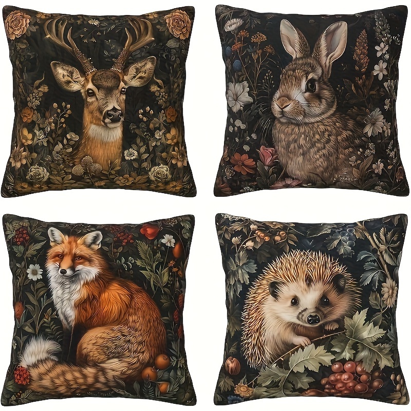 

4pcs Vintage Animal Pillow Covers - Deer, Fox, Rabbit, Hedgehog Designs On Floral Backgrounds | 100% Polyester, Zippered, Machine Washable For Decor, Ideal For Living Room And Sofa, Decorative Pillows