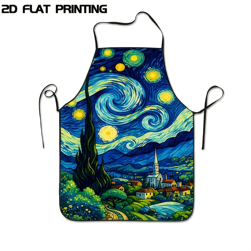 TEMU 1pc 2d Printed Van Gogh Starry Night Art Apron, High-quality Fabric, Adjustable Waistband, Suitable For Kitchen Cooking, Baking, Family Dinners,