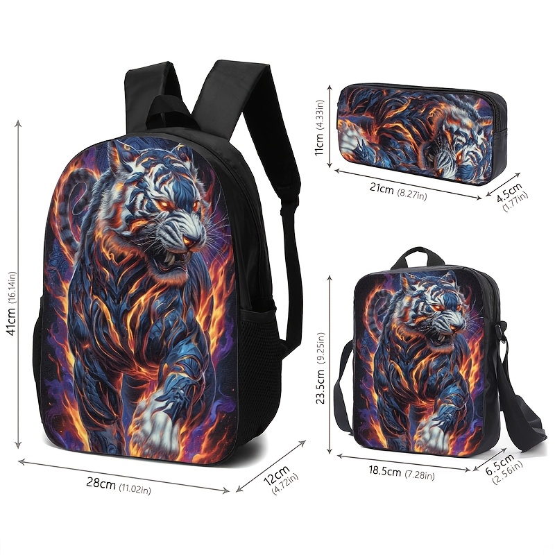 flame tiger print backpack pencil case lunch bag set with high definition durable printing adjustable straps large capacity for daily use by young  