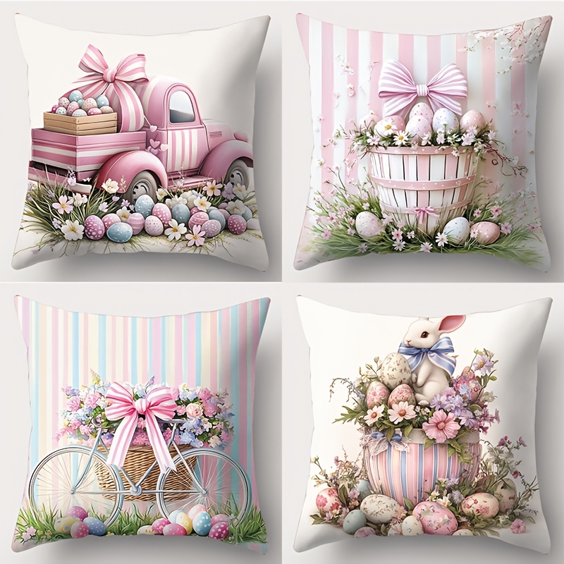 TEMU 4 pièces, Thème Pâques, Nouveau Design, Adorable Lapin à Nœud, Œuf de Pâques, Floral, Panier de Fleurs, Vélo, Motif Camion, Housse de Coussin,