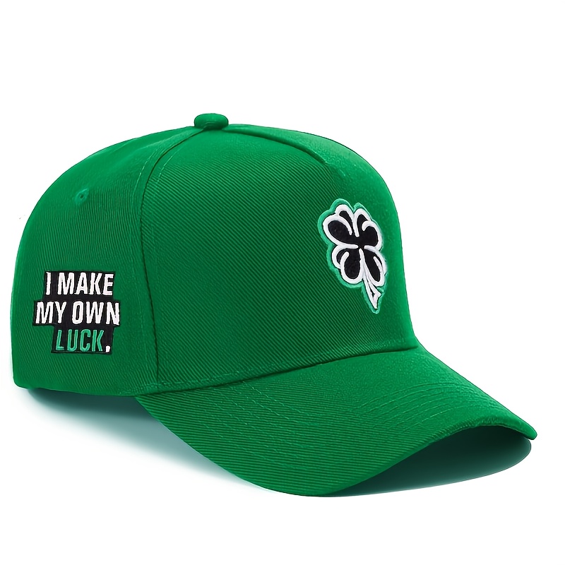 1 embroidered on front i make luck embroidery on side five panel green baseball cap unisex trucker hat breathable and adjustable golf hat for men and women summer fashion curved brim mens y2k couples hat Product details 1