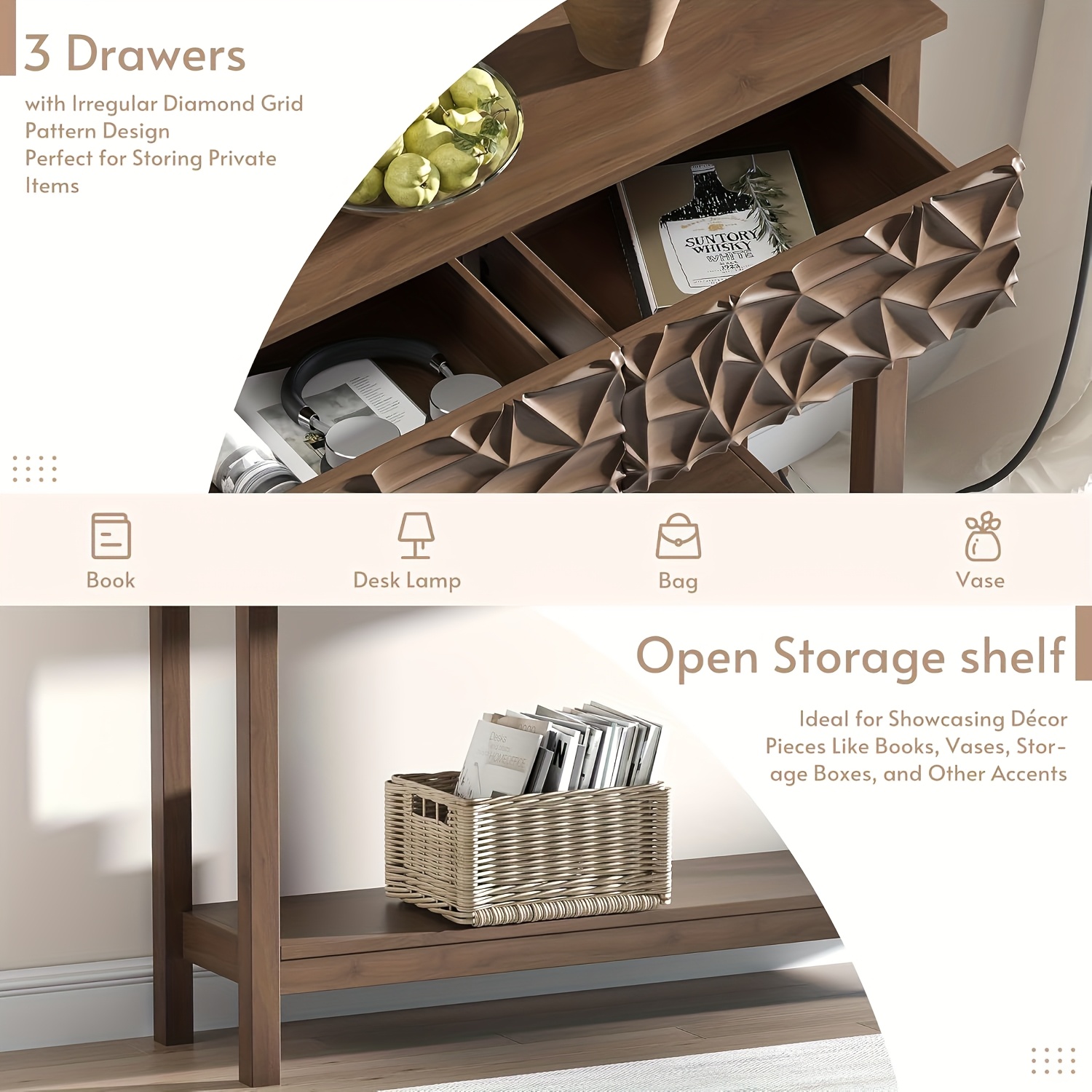 Kinder King 51 Inch Modern Console Table Farmhouse Entryway Table with 3 Drawers Narrow Wood Entry Way Table with Open Storage Shelf Long Sofa Table Behind Couch for Hallway, Foyer, Living Room, Walnut