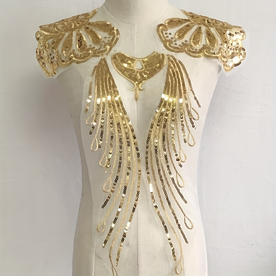 A Set Of Golden Sequin Mesh Pattern Fabric Patches For Diy Wedding Dress And Gown Accessories