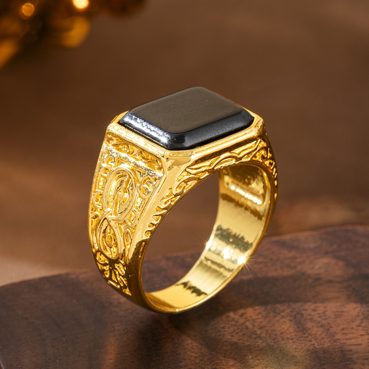 TEMU 1pc Men's Elegant Square Black Synthetic Cubic Zirconiaia Ring - Business Wedding Suitable For Engagement, Parties, Daily Wear, Synthetic Gift