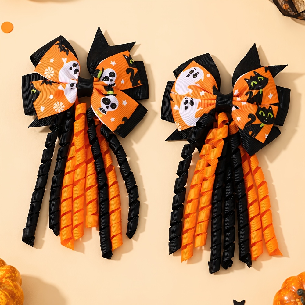 TEMU 2pcs Random Pattern Halloween Hair Bow Clips For Funny Skull Cat Hairpins Nonslip Clips Accessories For Halloween Thanksgiving Christmas