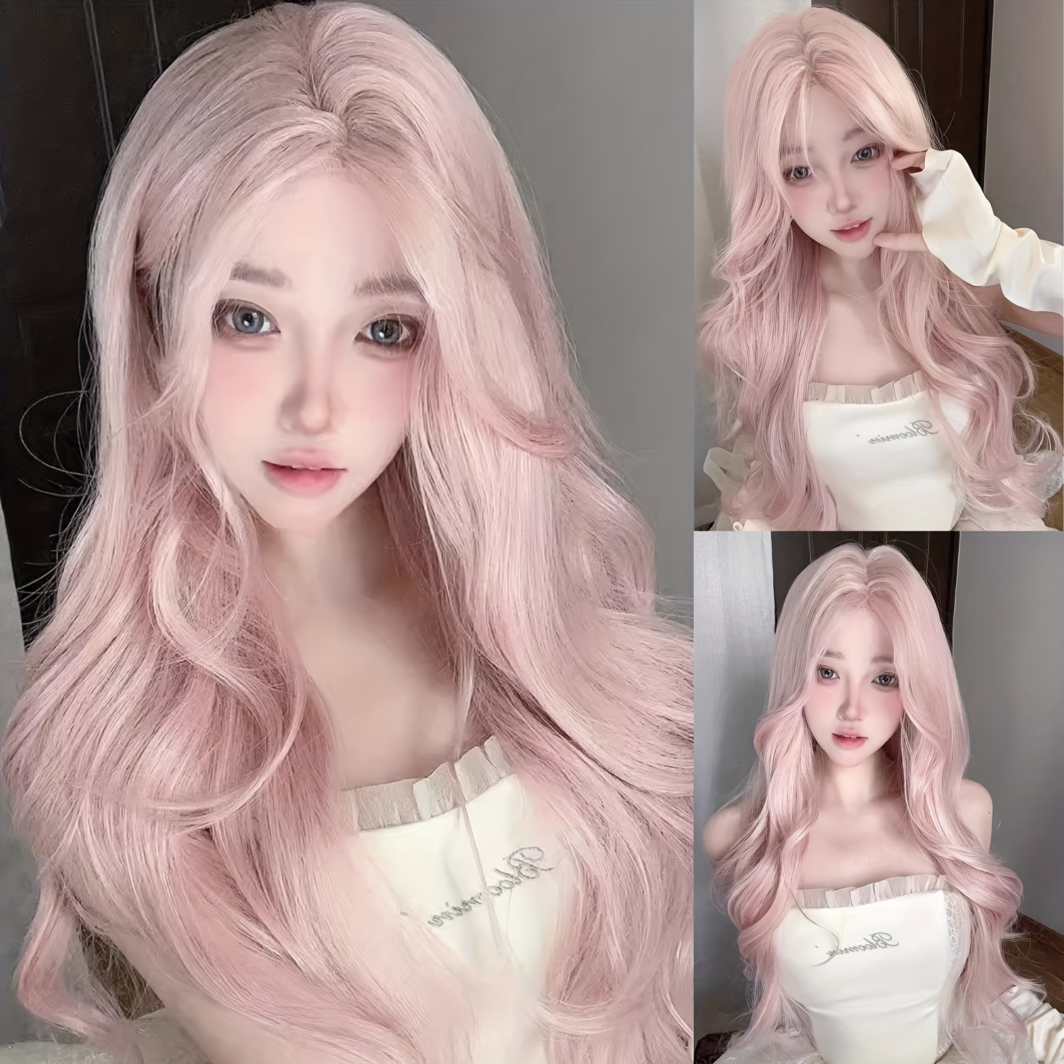 

26 Inch Pink Long Wigs Suitable For Women Middle Part With Bangs Synthetic Wig Cosplay Look High-quality Synthetic Wig