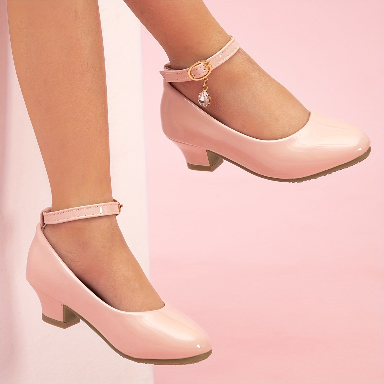 Tacones Altos Rosa Brillantes para Niñas Zapatos de Vestir con Tacón y  Detalles de Pedrería, Transpirables y Antideslizante, Cierre par