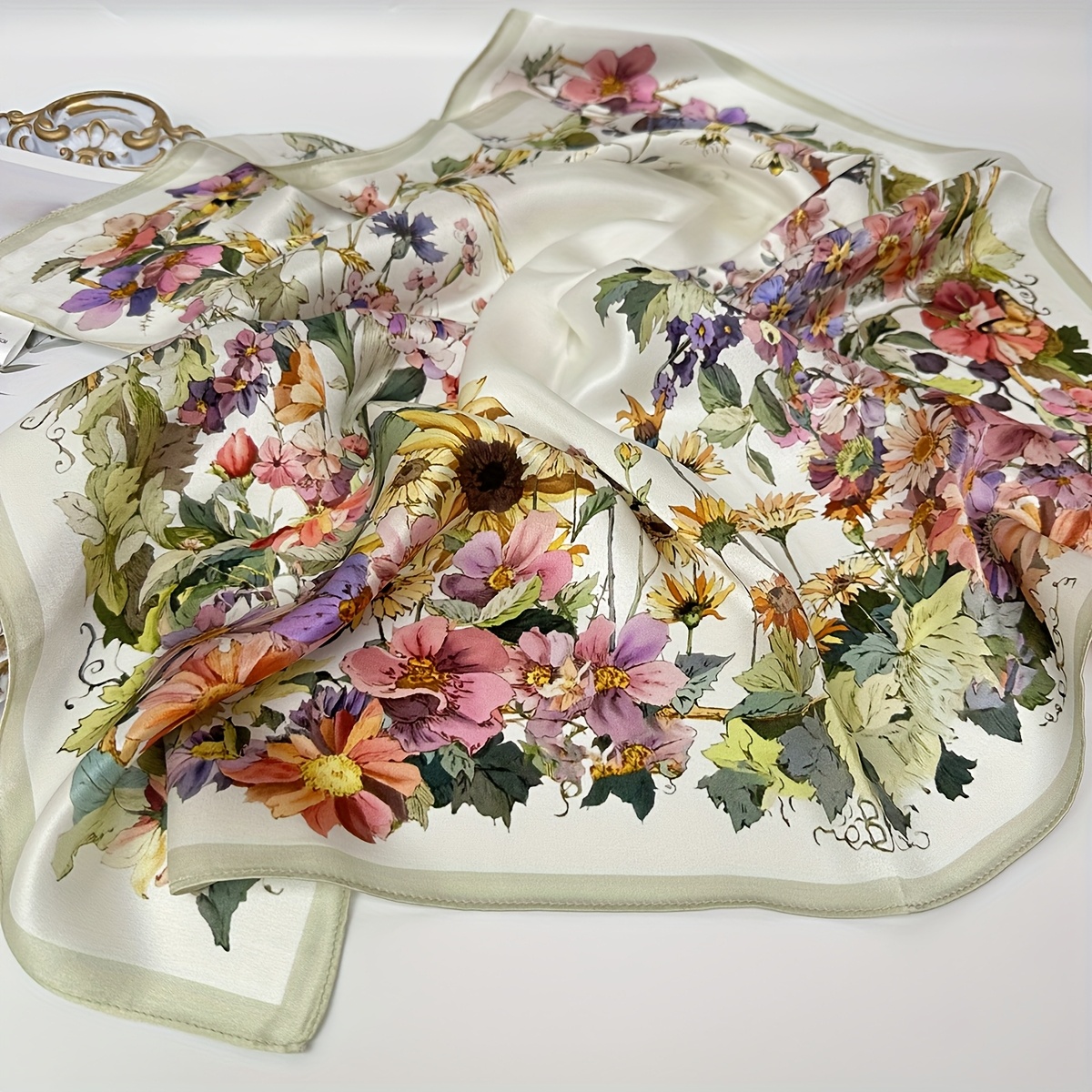Women's Elegant Floral Print 100% Mulberry Silk Scarf - Soft Breathable Lightweight Non-Stretch Neck Wrap for Spring Summer Casual Outings, Versatile Fashion Accessory, Silk Scarf for Hair