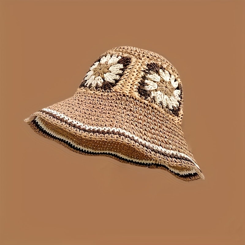 Image of Bohemian Style Fashion Handmade Floral Straw Hat, Featuring A Vintage Color- Lightweight And Foldable, Perfect For Casual Attire, Outdoor Travel, Or Festive Parties - An Gift For Women.