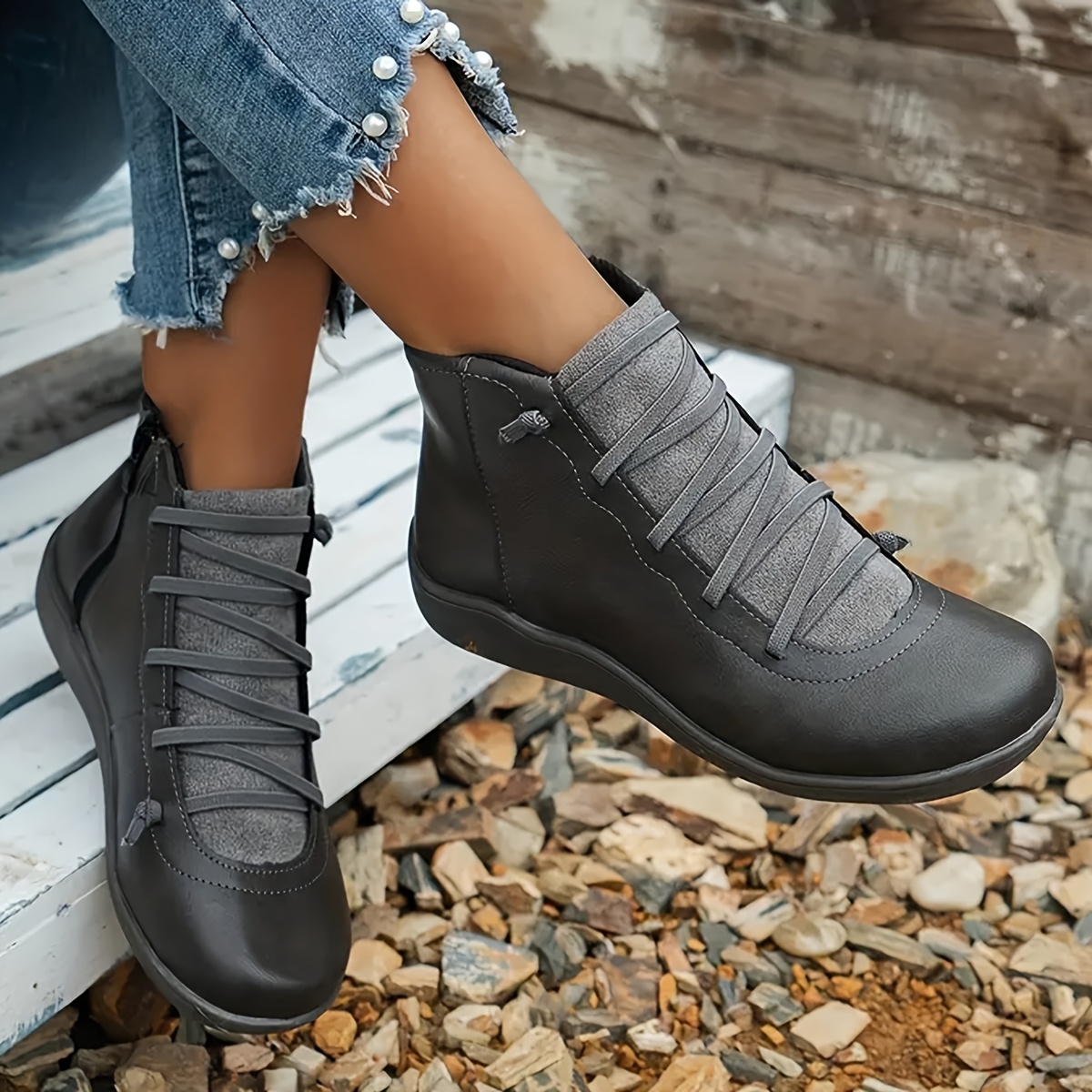 

Women' Mid Heel Ankle Boots With Zipper Detail, Comfortable Trendy Short Boots, Plain Toe, Upper, Fabric Inner & Insole, , Platform Heel