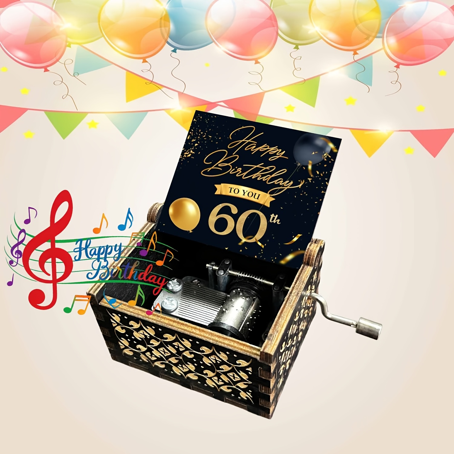 TEMU 1pc 60th Birthday Music Box With Hand-cranked Happy Birthday Song - Vintage Wooden Suitable For 60 Years Gifts, Wood Crank Box For Home Decor,