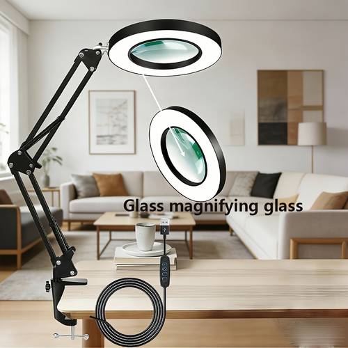 high power tischlupen-tischlampe, leselampe, wartungstischlampe, elektronische lupa-leselampe, 3 farbmodi, mit lupa-klammerlampe, verstellbarer arm, 360 grad drehbarer lampenkopf, metallhalterung