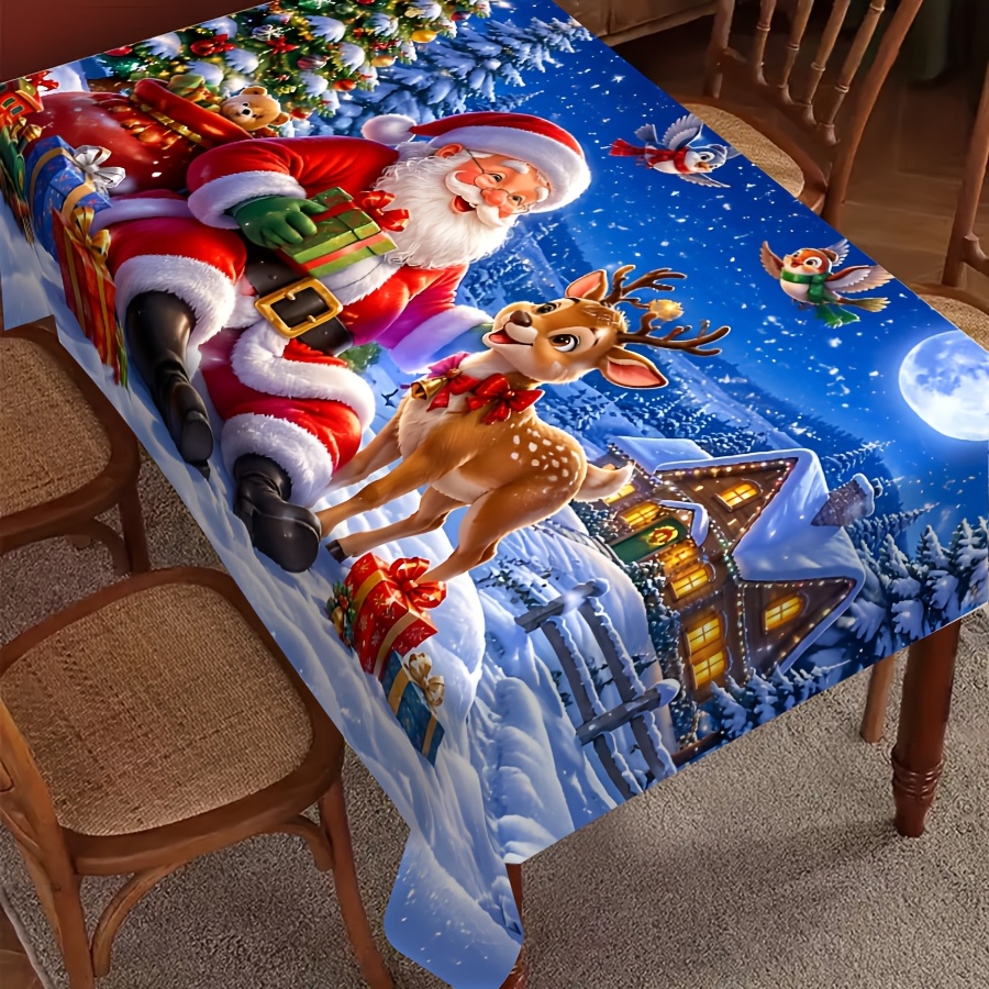 TEMU -2d Colorful Christmas Style Tablecloth Santa Claus And Reindeer Gift Print, High Quality Machine Washable Polyester Material, Multiple Sizes ,