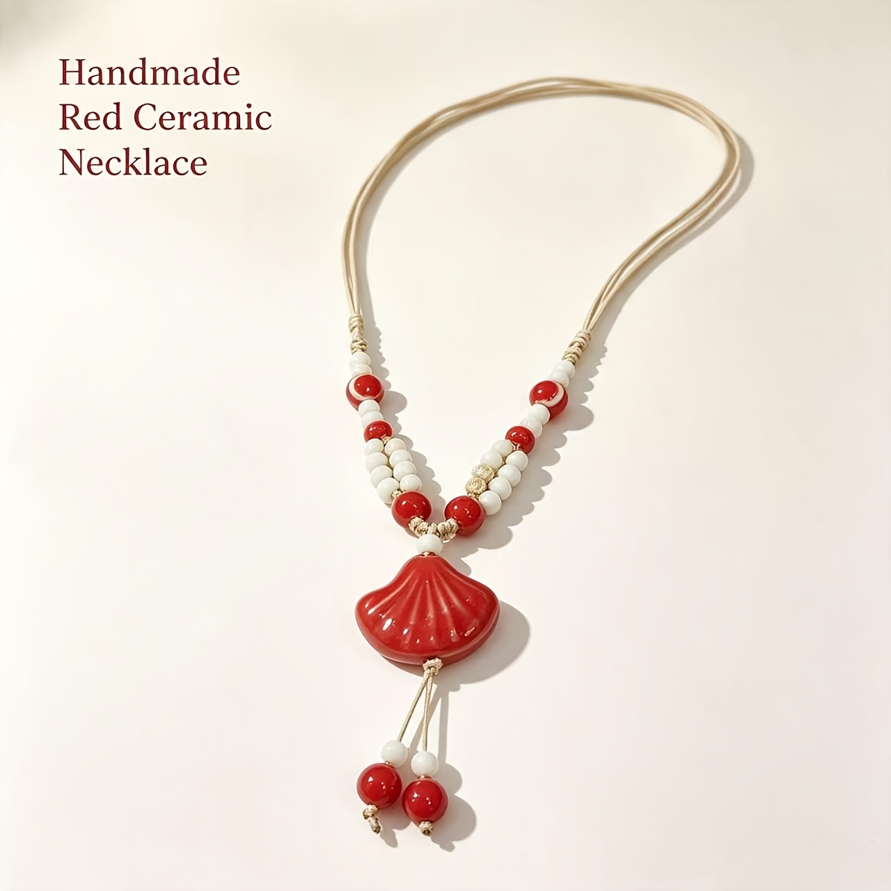 Handmade Red Shell Ceramic Beaded Adjustable Rope Long Necklace