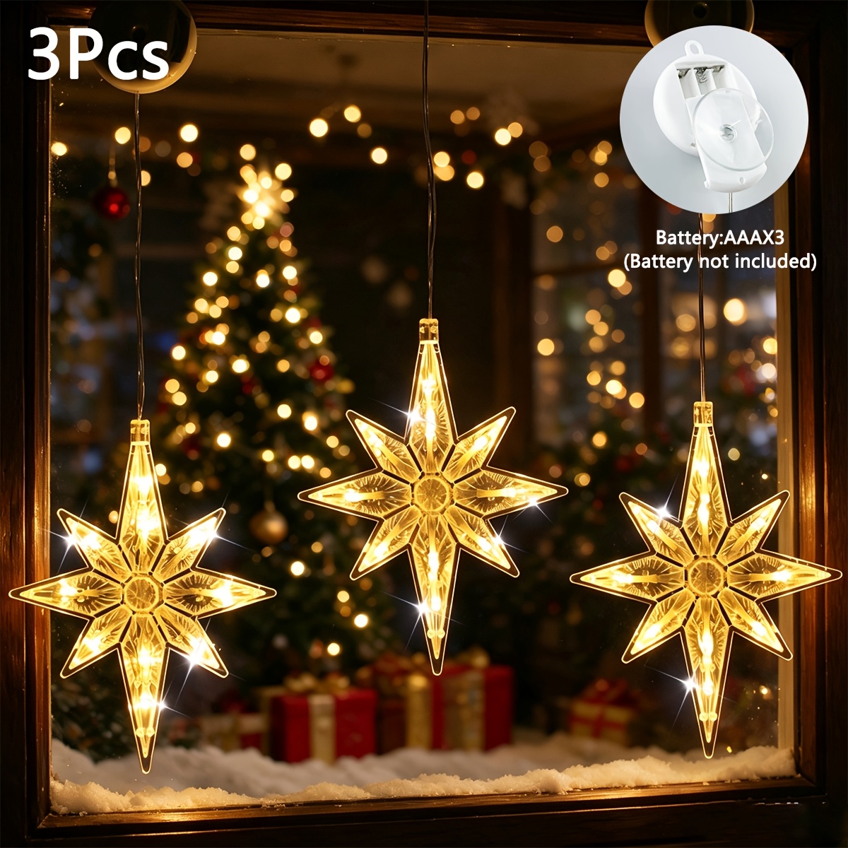 TEMU 3er-Set, Fensterdeko Polaris Saugnapf-Lichterkette, batteriebetrieben, warmweiß, ohne Bohren, Weihnachtsdekoration, Vorhanglichter, für Zuhause,