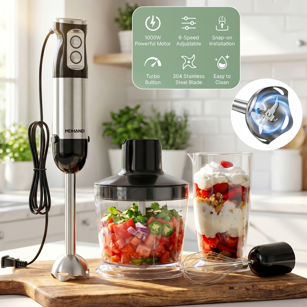 Image of Household Blender, 4-in-1 Electric Hand Blender, 1000w Variable Speed, Stainless Steel, , Whisk, 500ml Chopper, And 600ml Measuring Cup For Baby Food - Black