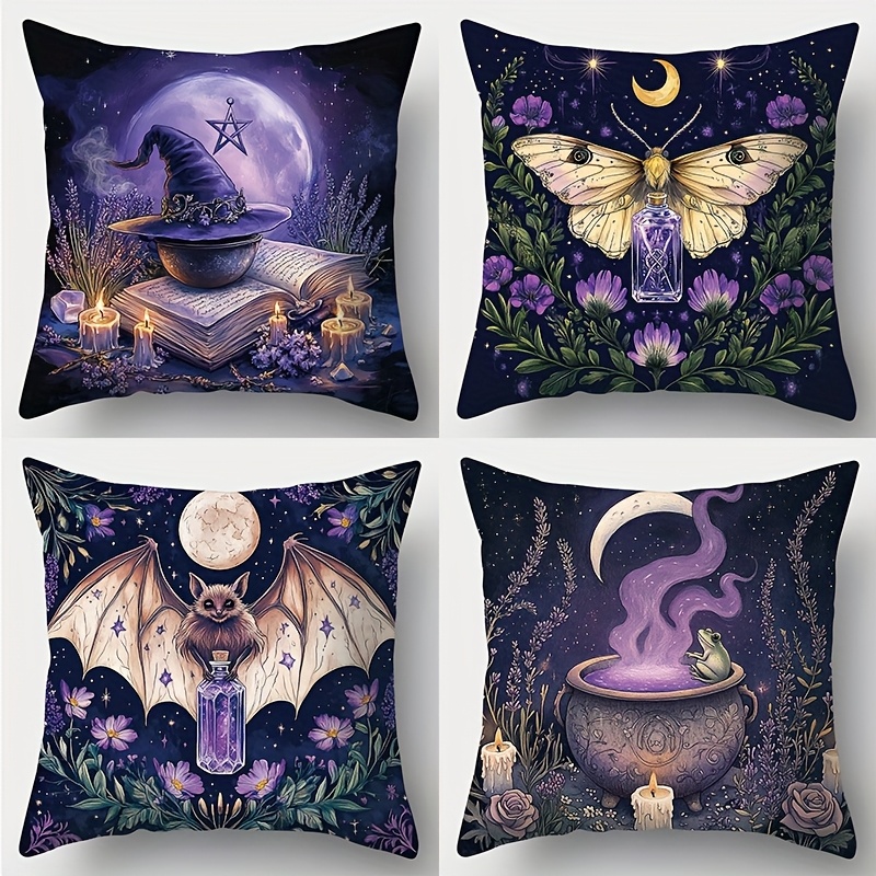 TEMU 4 Fundas de Almohada Estampadas Místicas - Diseños Encantadores con , Libro Mágico, Vela y Rana - 17.7x17.7 Pulgadas en Beige , Cierre de