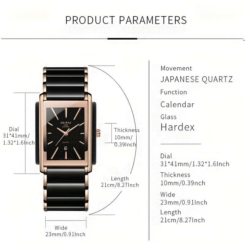 1pc * *'S * Quartz Wristwatch, Rectangular Dial, Stainless * Ceramic Strap, Calendar Feature, Water Resistant 30m, Battery Powered Electronic Move*t 1pc * *'S * Quartz Wristwatch, Rectangular Dial, Stainless * Ceramic Strap, Calendar Feature, Water Resistant 30m, Battery Powered Electronic Move*t