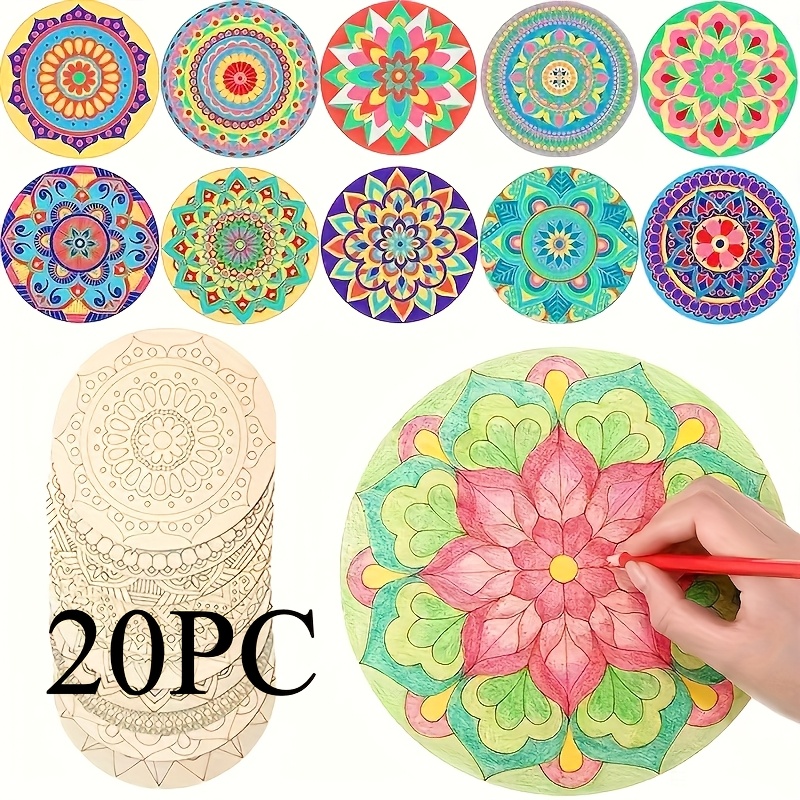 TEMU 20pcs Wooden Hand-painted Mandala Coaster Set, Unfinished Wood Pieces, Handmade With Random Patterns And Colors