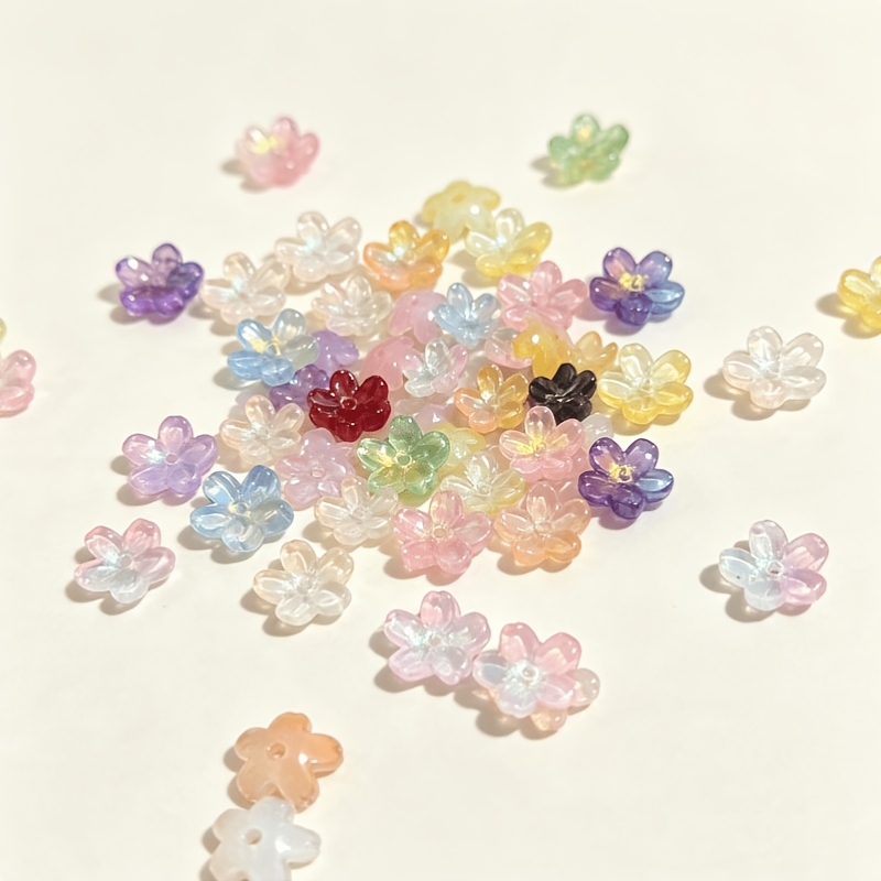 TEMU 100pcs Cherry Flower Glass Beads, Mixed Color Ab Aurora 5 Petal Flower Scattered Beads, Pendant Bracelet Necklace Earrings Keychain Jewelry
