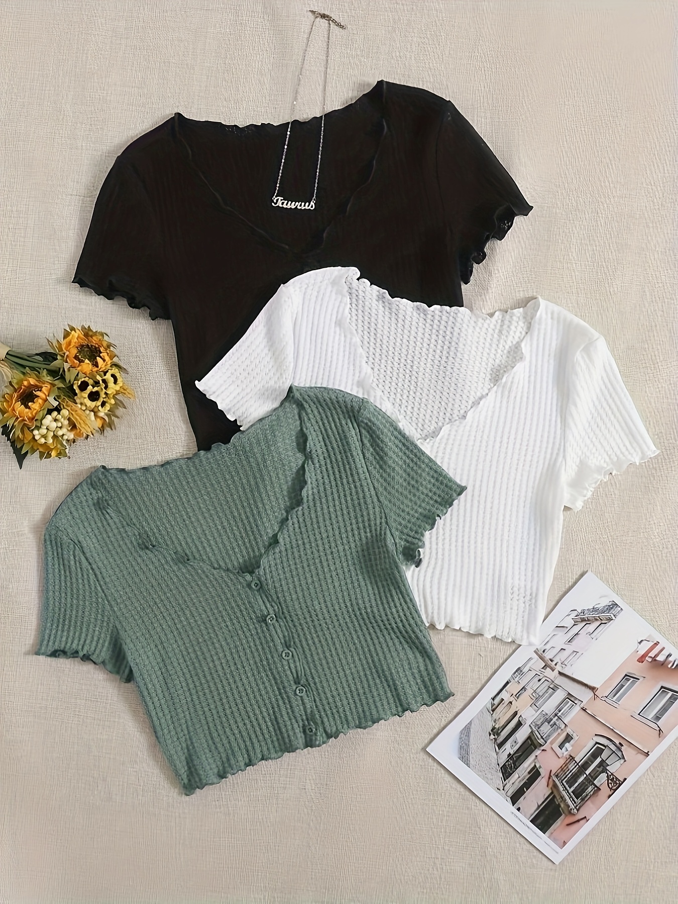Wffle Knit Tops For Women Trendy V Neck Short Kuwit | Ubuy