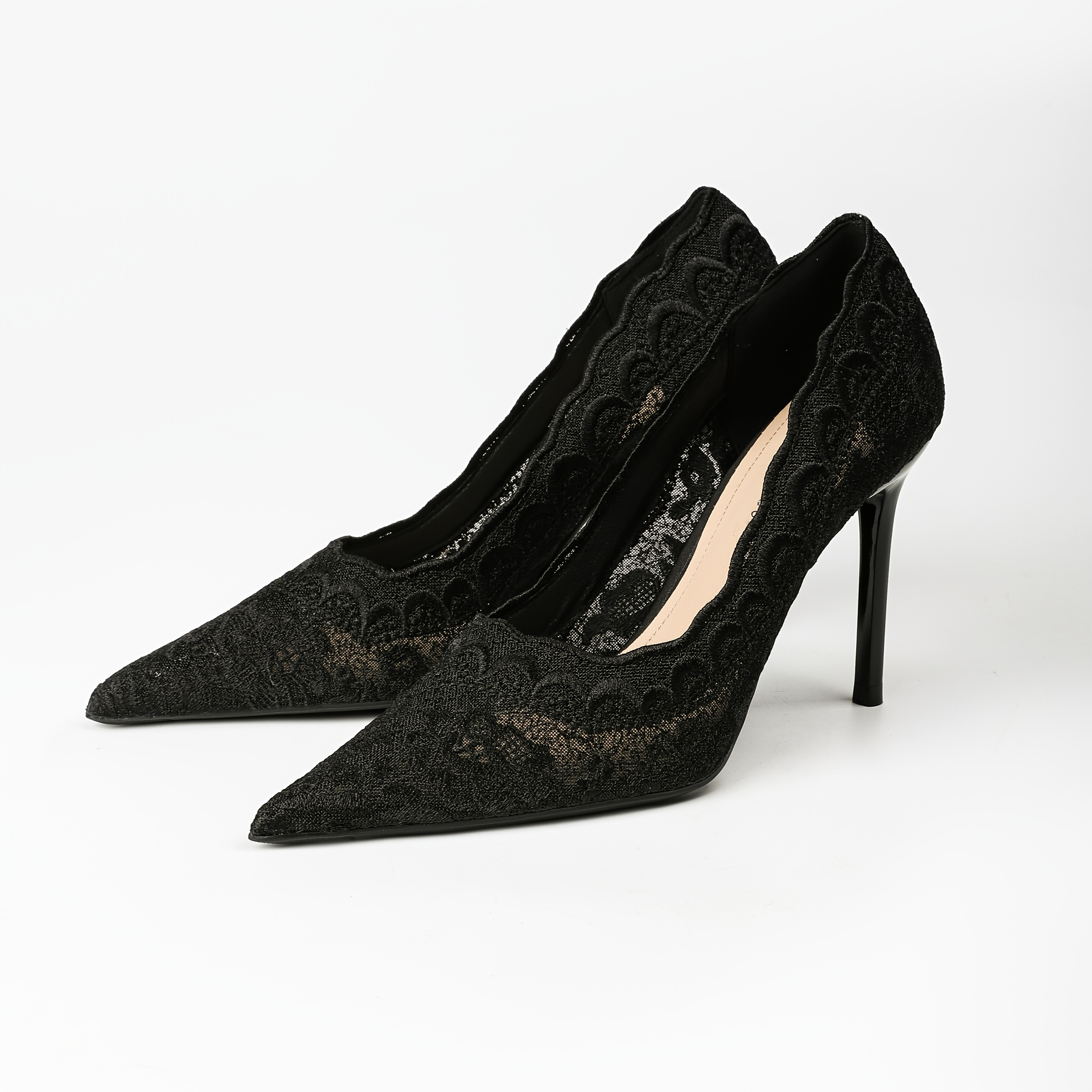 Image of Elegant Ladies Lace Pointed Stiletto High Heels Bridal Shoes Black Gothic Banquet Women's Shoes Comfortable Elegant Shallow Mouth Single Shoes
