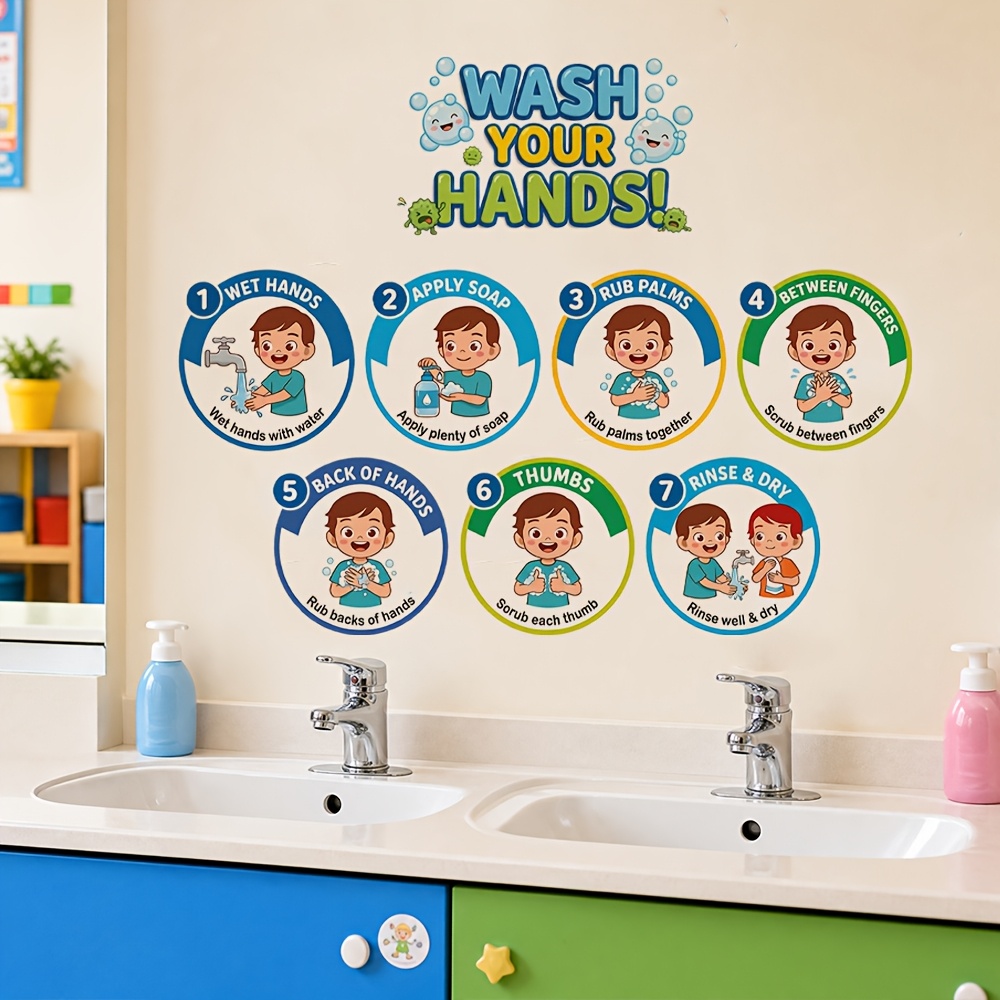 TEMU 1pc Colorful Round -step Handwashing Wall Sticker, And Restroom Handwashing Teaching Sign, Removable Warning Decorative Sticker For Daycare And