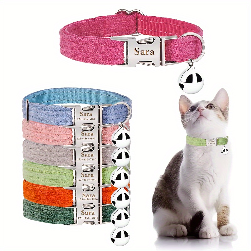 

Ang Velvet Cat Collar With Personalized Name Plate, Adjustable Striped Nylon Pet Id Collar , Custom Engraved And Phone Number