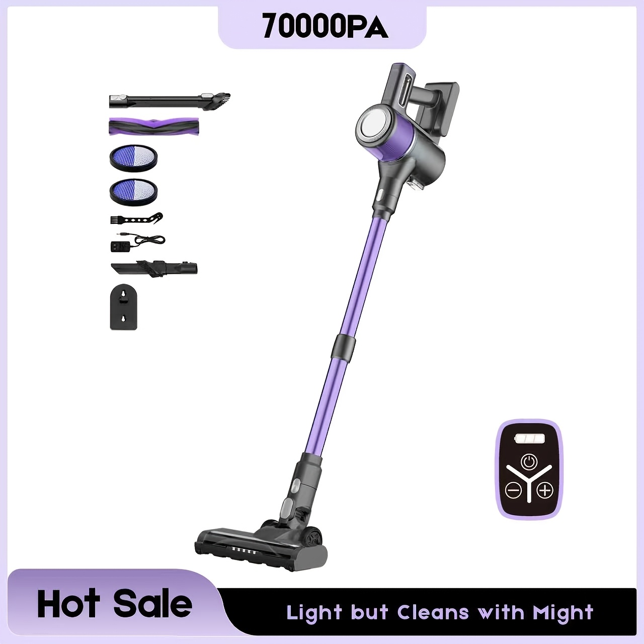 70千帕8合1无绳手持吸尘器，配备无电机，2种模式（普通/涡轮），最快长达40分钟，升级2600毫安时电池容量，防缠绕轻量刷头，超静音设计，适用于局部、硬质地板及瓷砖表面，轻松清除宠物玩具（紫色/蓝色/绿色）4