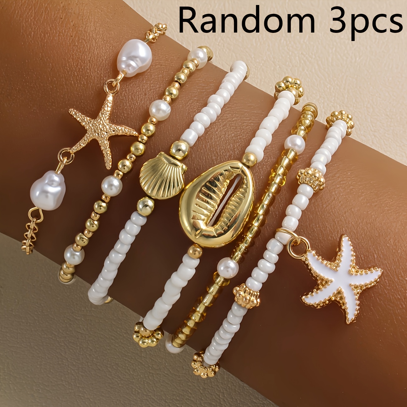 TEMU Set de pulseras aleatorias de 3 piezas con cuentas de arroz de , pulsera de aleación estilo adecuada para usar en vacaciones en