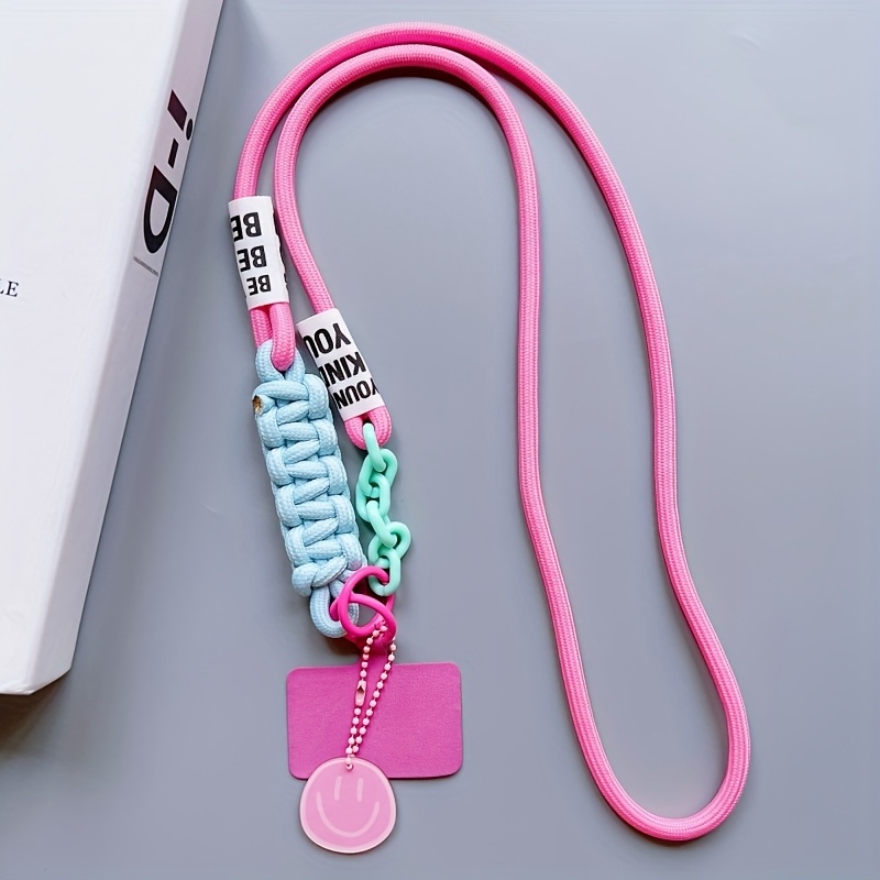 Stylish Blue Braided Nylon Phone Strap With Colorful Beads And Face Pendant - Adjustable Crossbody Lanyard For Phone, Keys, And Id, Phone Accessory | Accessory | Durable Strap, Phone Strap