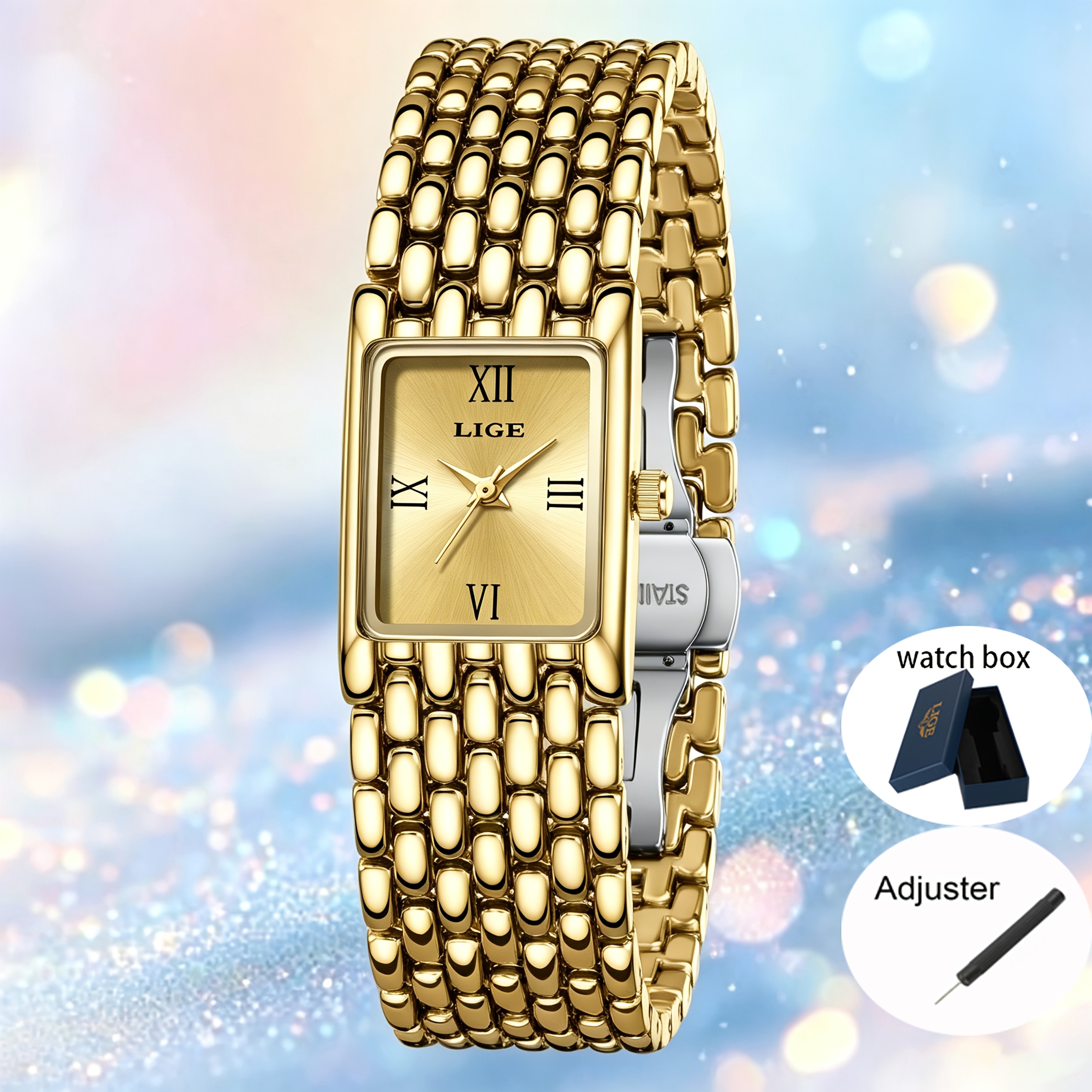 Lige Ladies New Quartz Watch+watch Box+adjuster, Casual Square Dial Steel Band Women's Quartz Watch , Birthday Gift Suitable For Men And Women.