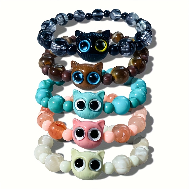 TEMU Set Of 5 Cute Cartoon Cat Bead Friendship Elastic Bracelets Suitable For And Party Jewelry. Perfect Gift For , , And Holidays.
