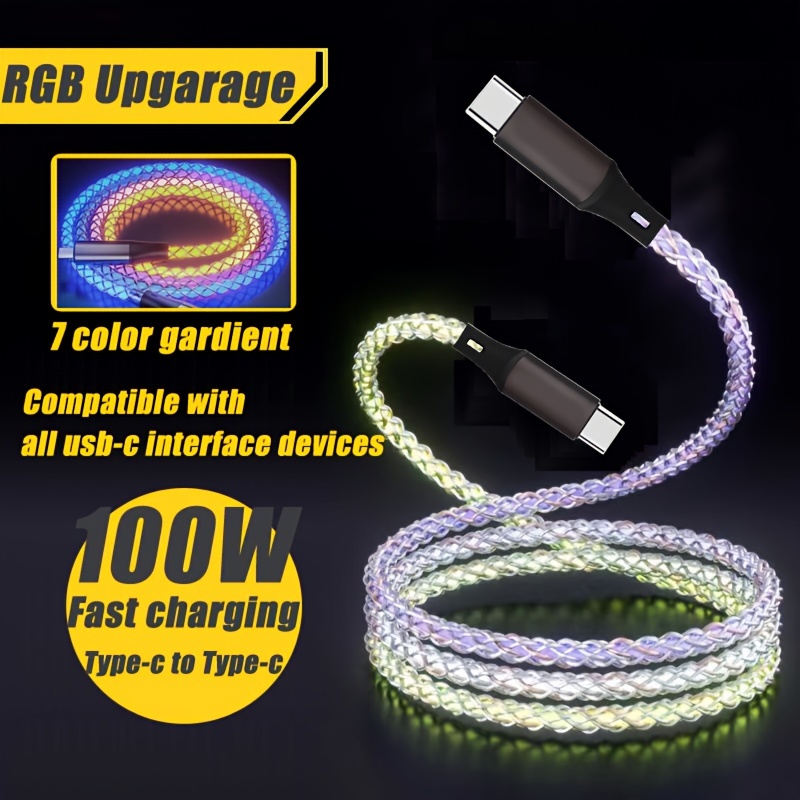 

100w Type-c To C Fast Charging Cable, Data Transfer, Multicolor Led Rgb Light Gradient Car Interior Atmosphere Light Glow Charger Cable, Samsung Galaxy S21 S20 S10 S9 S8 Plus A60 A50 Note 20 10 9 8