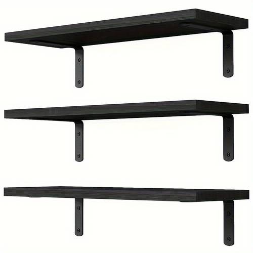 juego de 3 estantes flotantes de madera, estantes decorativos de pared, estantes de estilo para dormitorio, estantes de almacenamiento para baño, estantería para y estante de pared para cocina - y negro