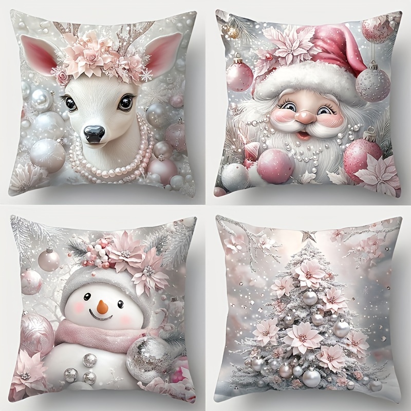 

4pcs Christmas Set, And Snowman , Polyester Decorative Cushion For Sofa And Decoration - Not Included