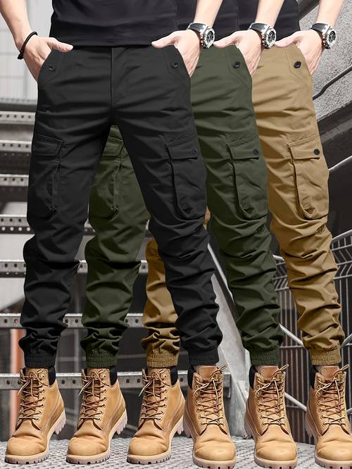3pcs Men S Cargo Pants - Lightweight Summer Joggers with Multiple Pockets, Elastic Waistband & Side Pockets, Casual Solid Color Regular Fit for Casual Attire, Jogging Pants, Outdoor Activities, Stylish Casualwear, Nonstretch Fabric