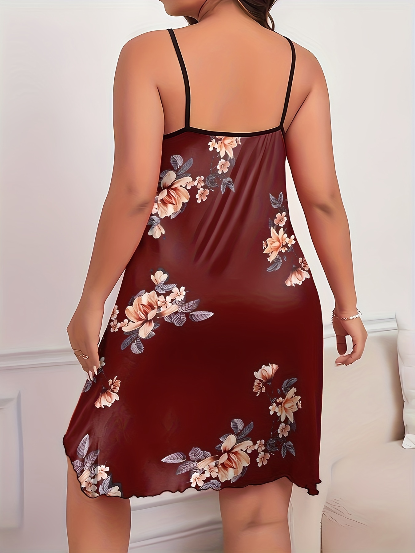 Women's Plus Sexy Loungewear Dress, Plus Size Floral Print Round Neck Frill Trim Cami Nightdress