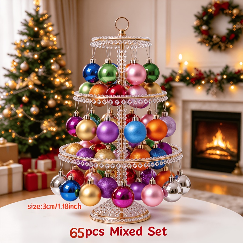 TEMU 65pcs - Mixed Christmas Ornaments, Colorful Mixed Christmas Full Of Design, Exquisite Christmas Round Balls, With Rope, Easy To Decorate
