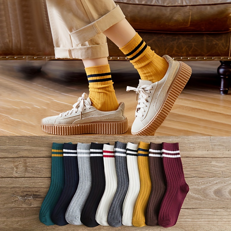 

10 Pairs Striped Sports Socks, Comfy & Breathable Mid Tube Socks, Women's Stockings & Hosiery