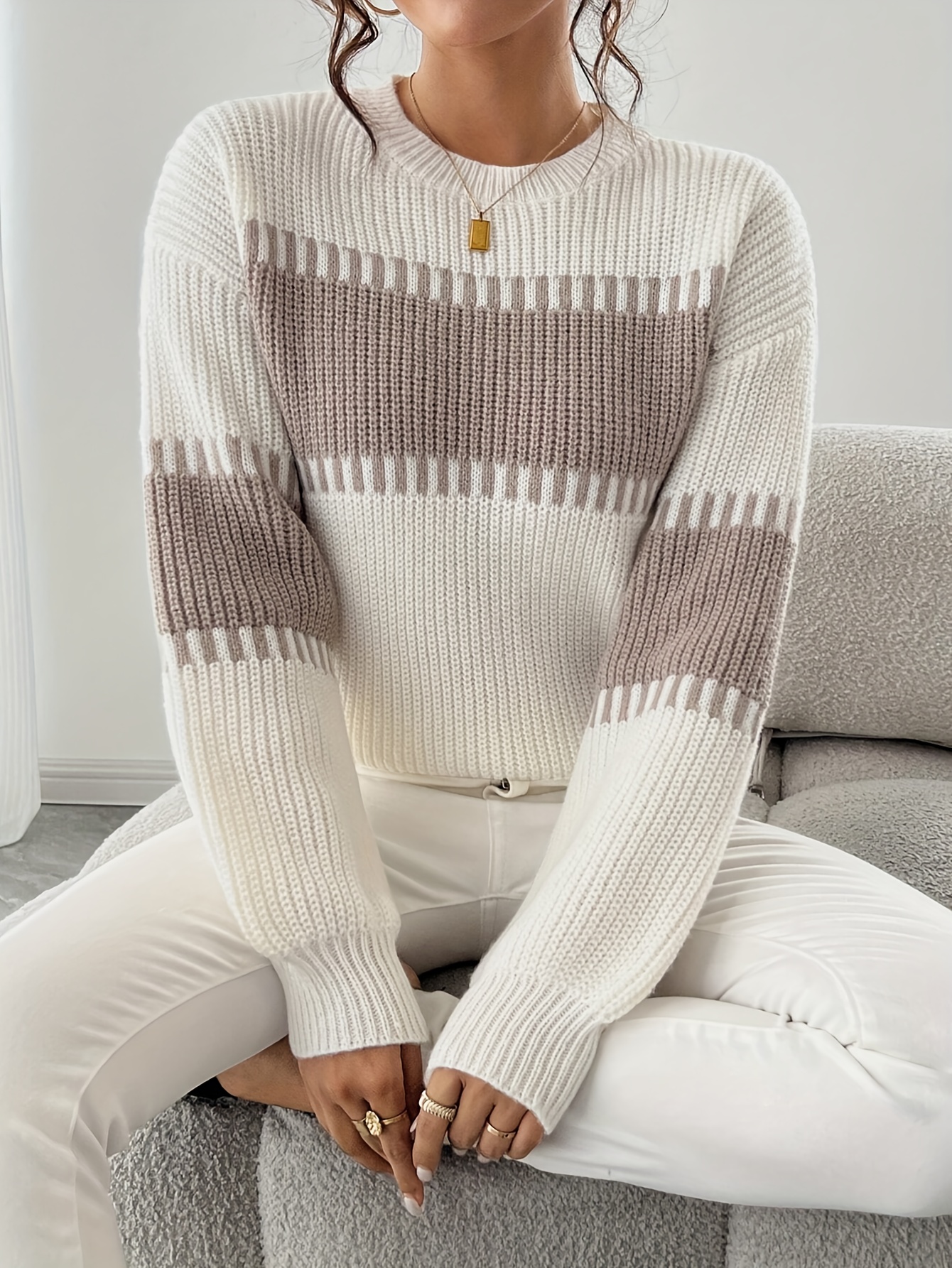 casual elegante dames trui met lange mouwen - wit & khaki kleurblok, ronde hals pullover met geribbelde textuur, rekbare hoogelastische stof, perfect voor lente- en zomeroutfits 1