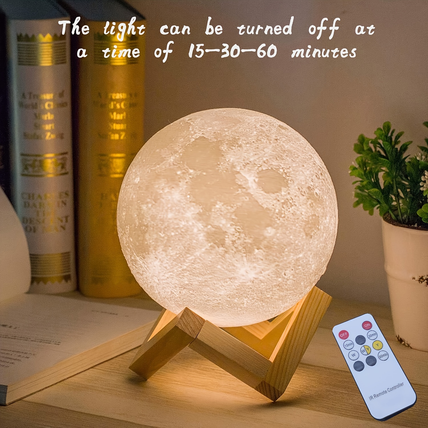 

3d Printed Moon Lamp With Wooden Base, Remote Controlled -color Dimming With Timing , A Christmas And Birthday Gift And